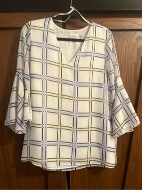 Calvin Klein White Purple Yellow Windowpane Blouse Size M Bell Sleeve V-Neck
